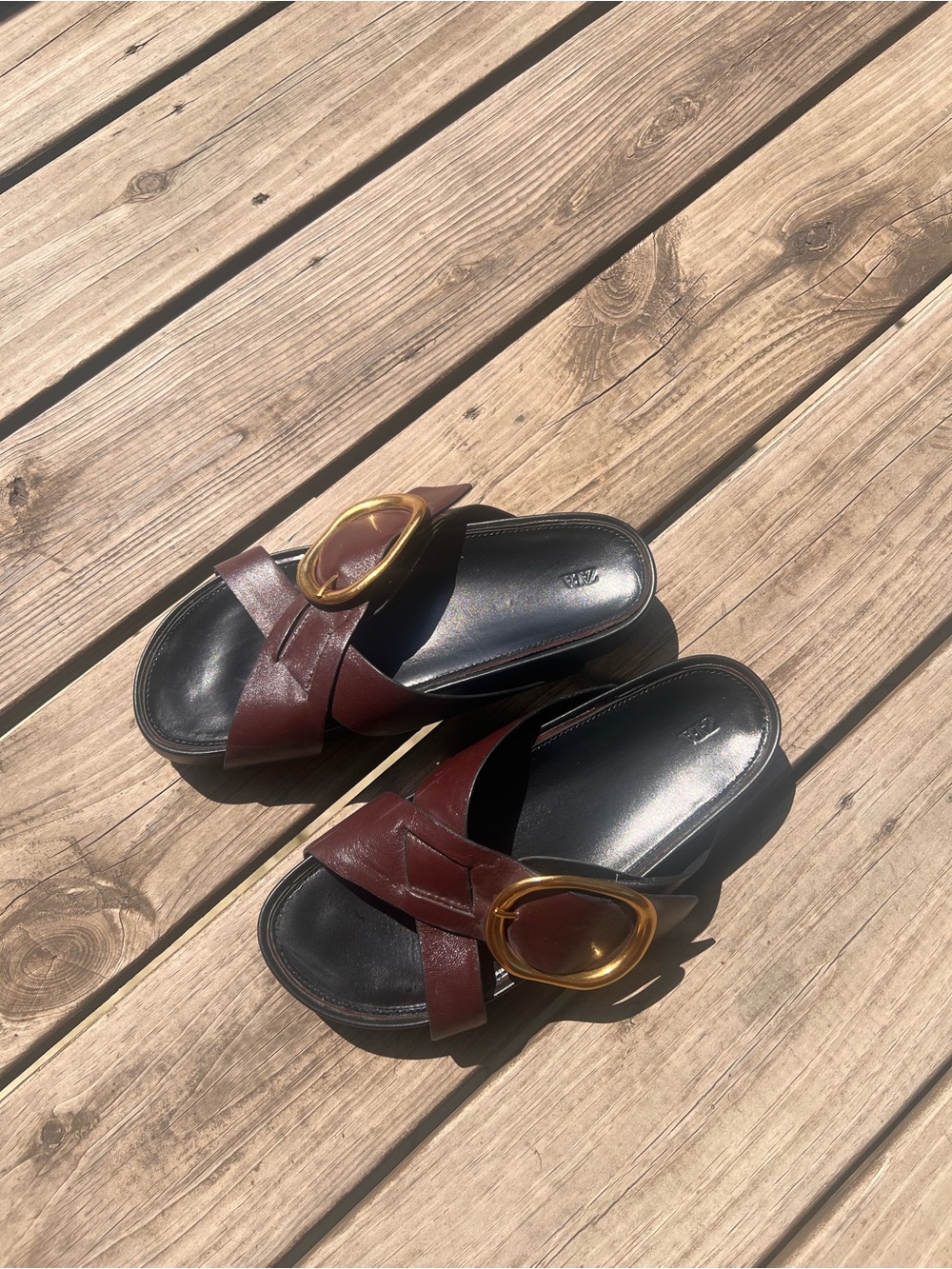 Zara Buckle flat Slide Sandals with Gold Accent
